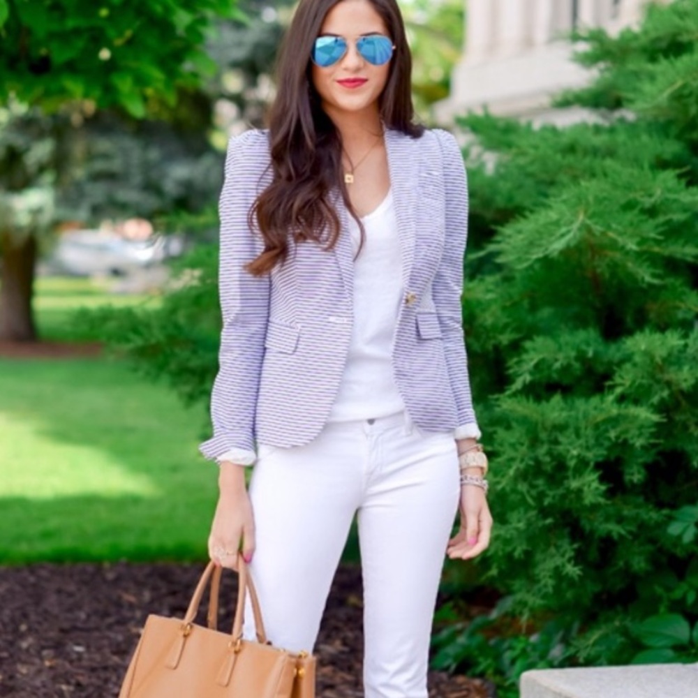 J. Crew Striped Puff Sleeve Cotton Blazer 2